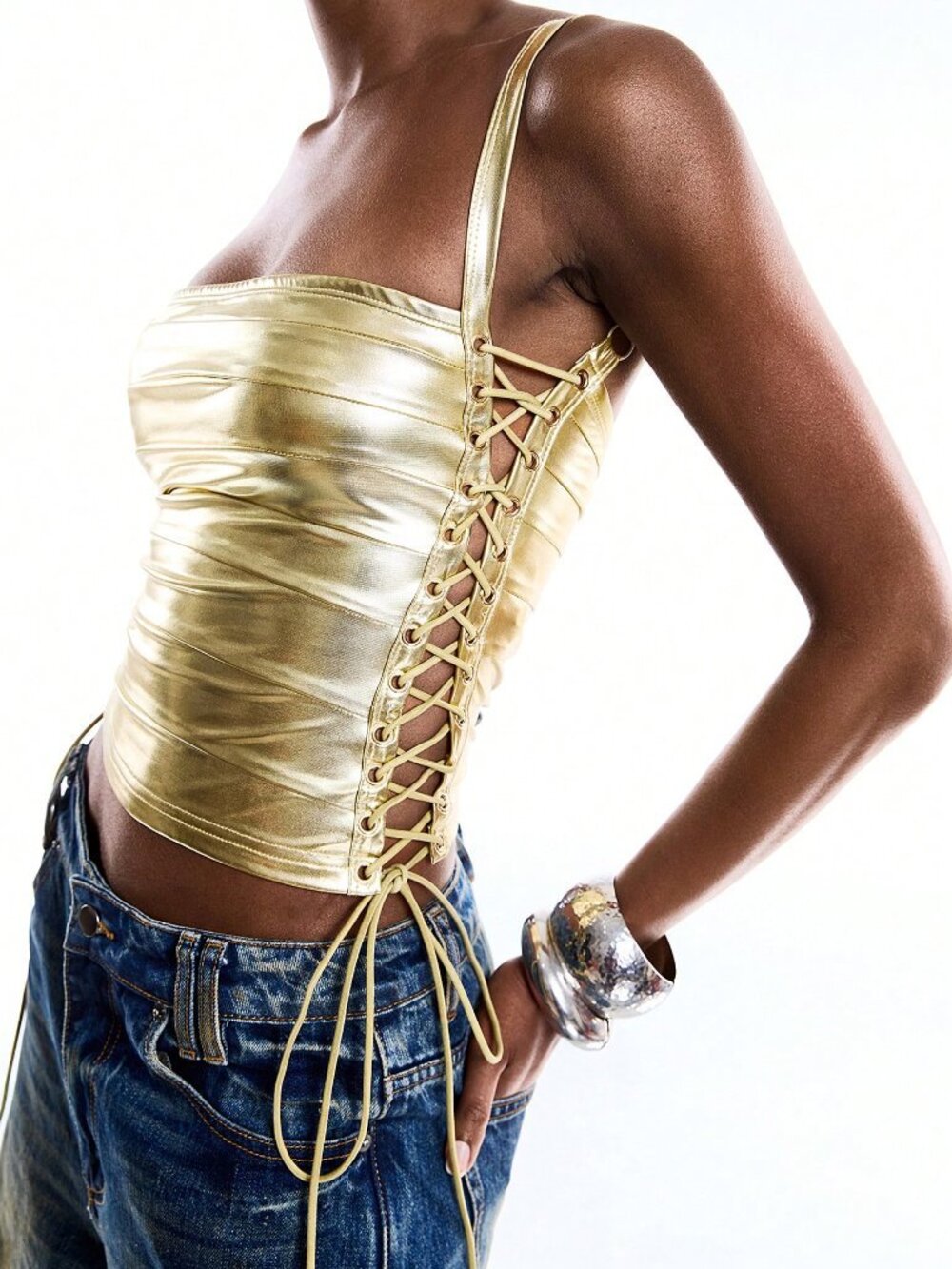 Gold Shimmer Lace-Up Women's Minimalist Y2K Party Crop Top with Side Eyelet - Picture 5 of 8